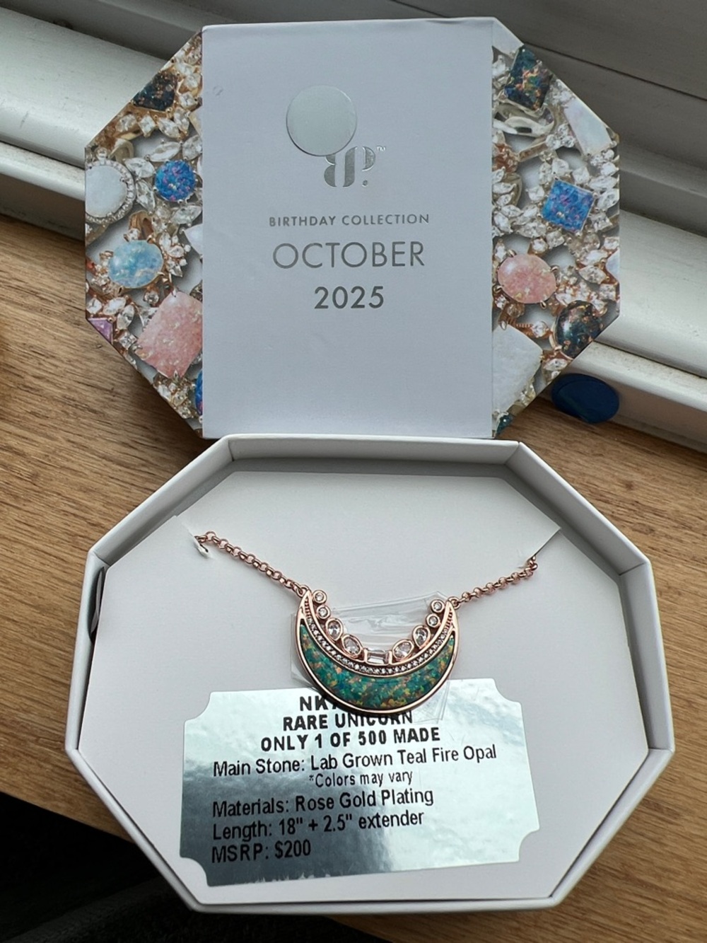 Bomb Party Rose Gold Unicorn Necklace with Teal Fire Opal - October Collection
